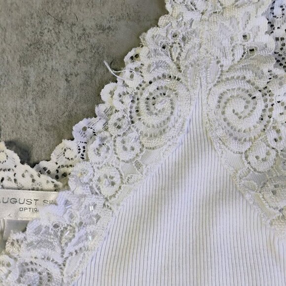 August Silk Lace Trim Cami Tank Top Womens Small White Y2K Beaded Ribbed Cottage - Picture 7 of 10